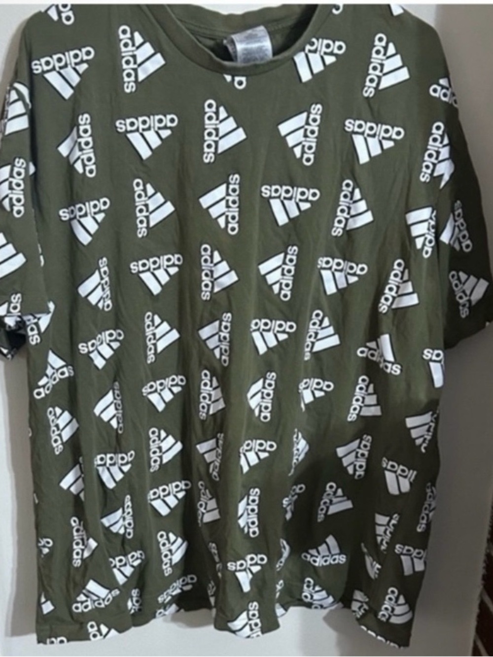 adidas Size XL  Olive Green Short Sleeve Tee with White Logo Allover